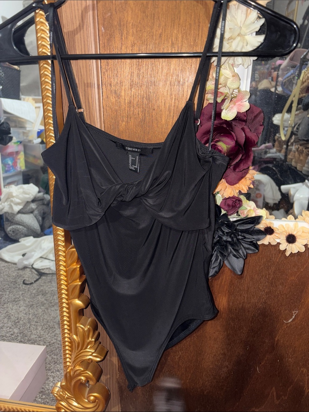 Forever 21 Black Twist-Front Spaghetti Strap Bodysuit